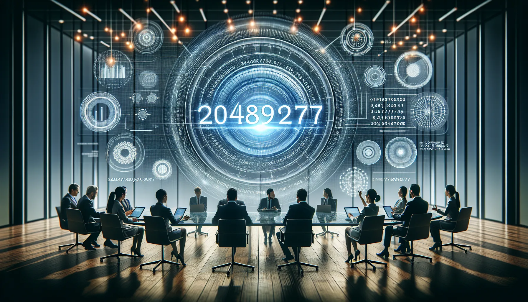 digital interface showcasing the number 2042897277 in a modern office setting.