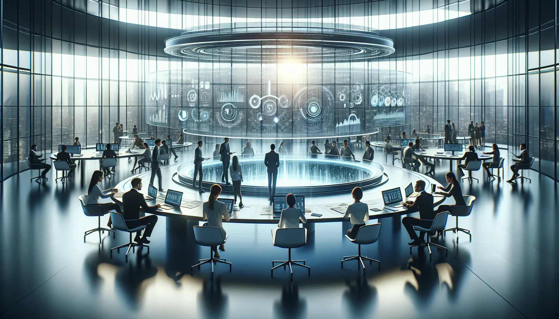 diverse team collaborating in a modern data analytics office.