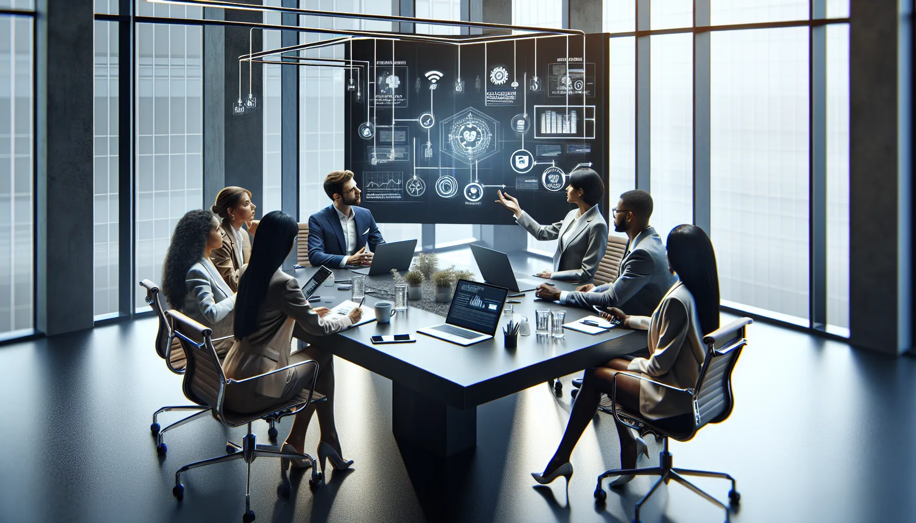 diverse team collaborating in a modern office about customer support solutions.