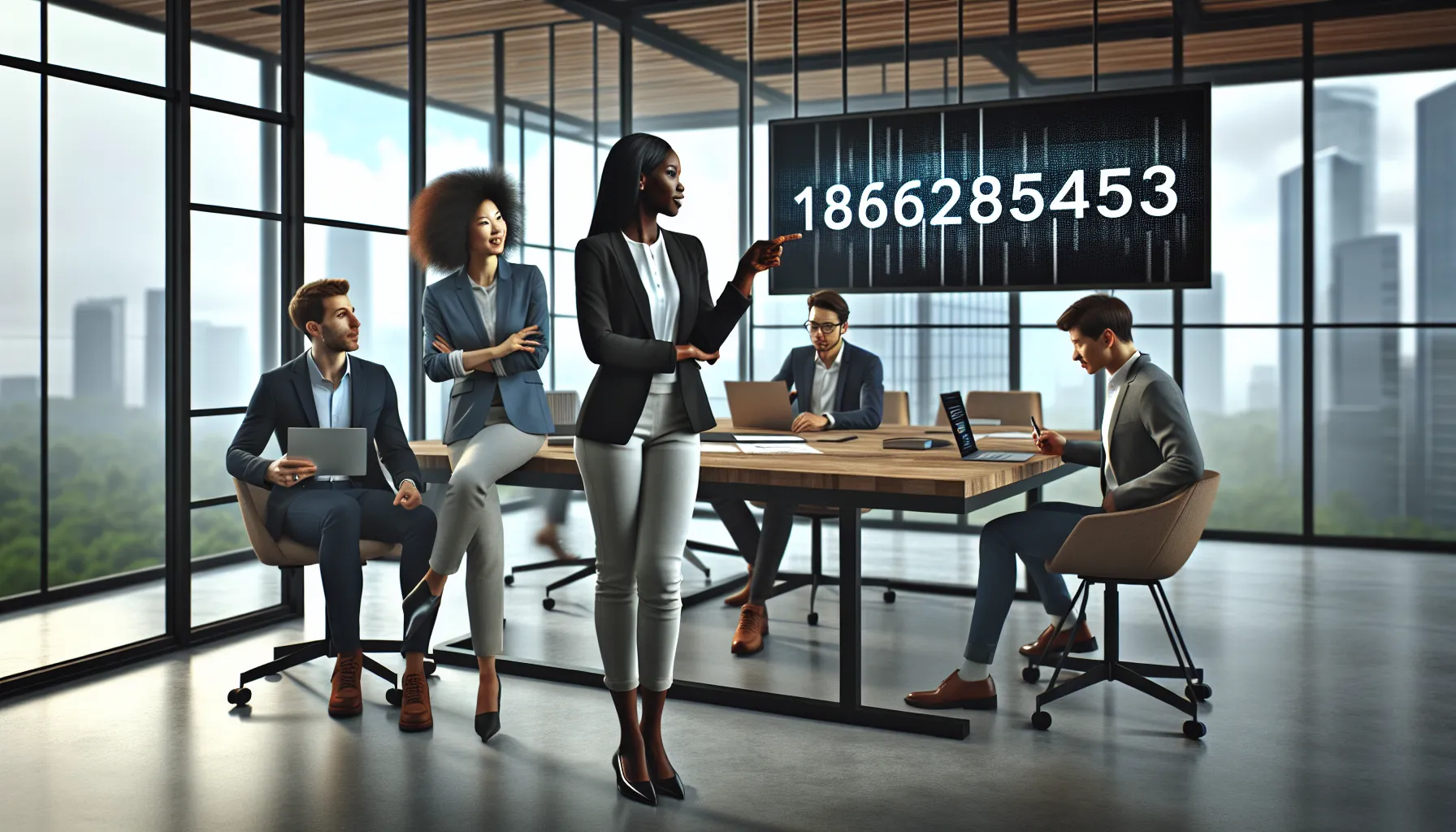 diverse team discussing the significance of a number in a modern office.